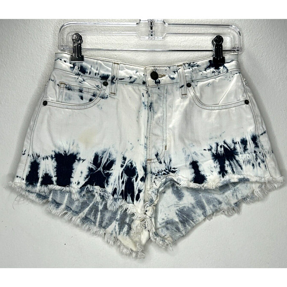 Guess White Bleach Wash Blue Tie-Dye Button Fly Raw Hem Jean Short Shorts 27 - Picture 2 of 10